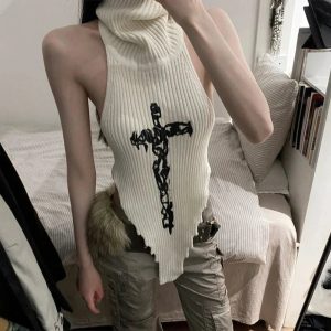 Gothic Cross Halter Knit Top for Y2K Aesthetic and Grunge Style Lovers