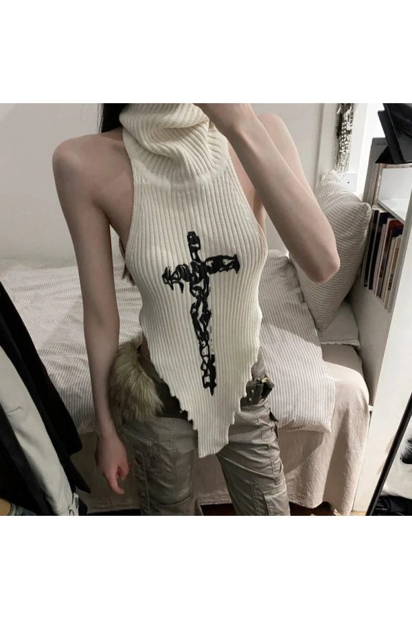 Gothic Cross Halter Knit Top for Y2K Aesthetic and Grunge Style Lovers