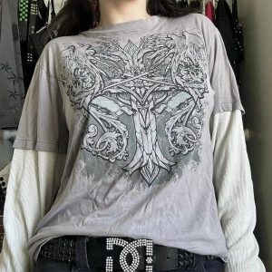 Gothic Cross Layered T-Shirt for Y2K Aesthetic and Grunge Style Lovers