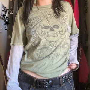 Gothic Cross Layered T-Shirt for Y2K Aesthetic and Grunge Style Lovers