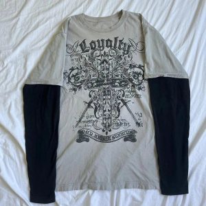 Gothic Cross Layered T-Shirt for Y2K Aesthetic and Grunge Style Lovers