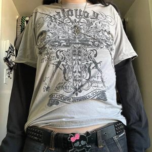 Gothic Cross Layered T-Shirt for Y2K Aesthetic and Grunge Style Lovers