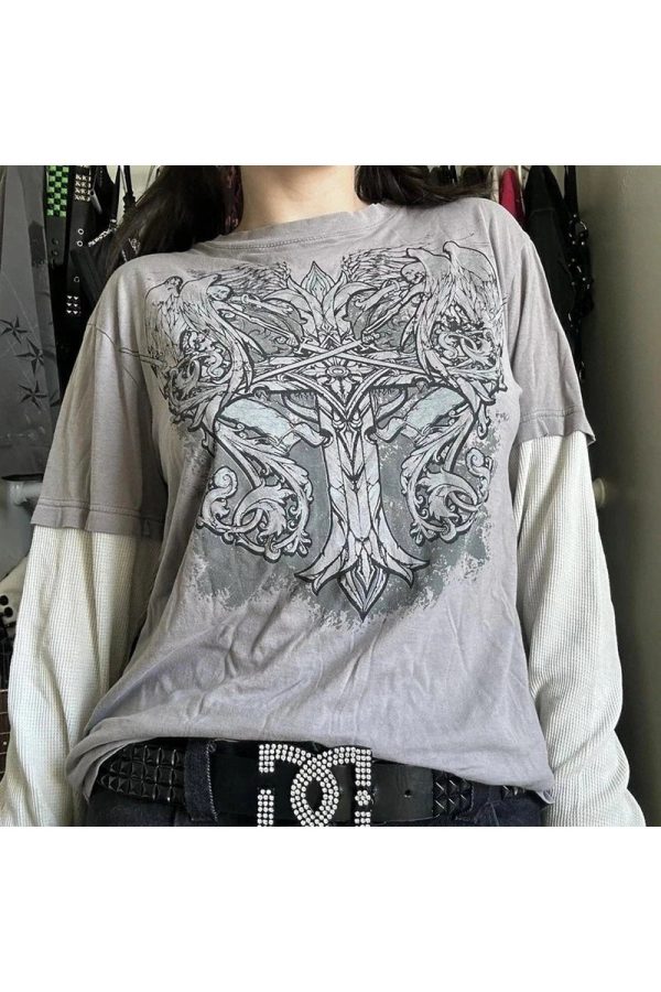 Gothic Cross Layered T-Shirt for Y2K Aesthetic and Grunge Style Lovers