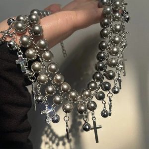 Gothic Cross Pearl Choker - Y2K Aesthetic Jewelry for Grunge Style Lovers