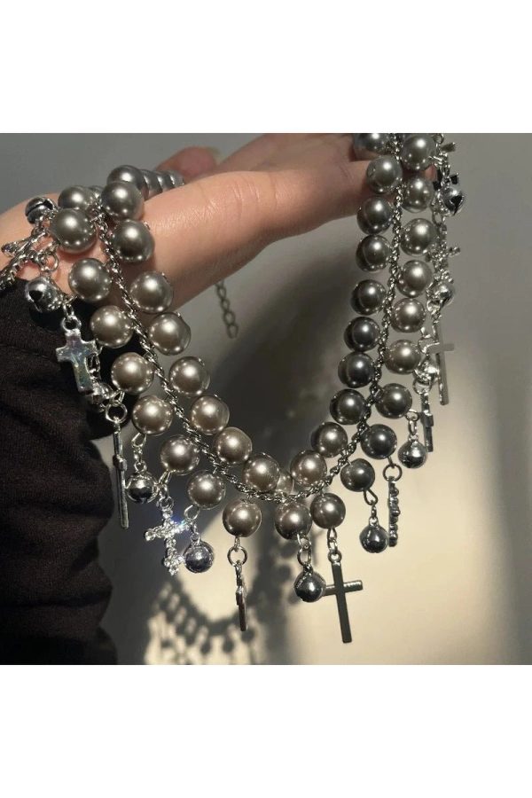 Gothic Cross Pearl Choker - Y2K Aesthetic Jewelry for Grunge Style Lovers