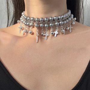 Gothic Cross Pearl Choker - Y2K Aesthetic Jewelry for Grunge Style Lovers