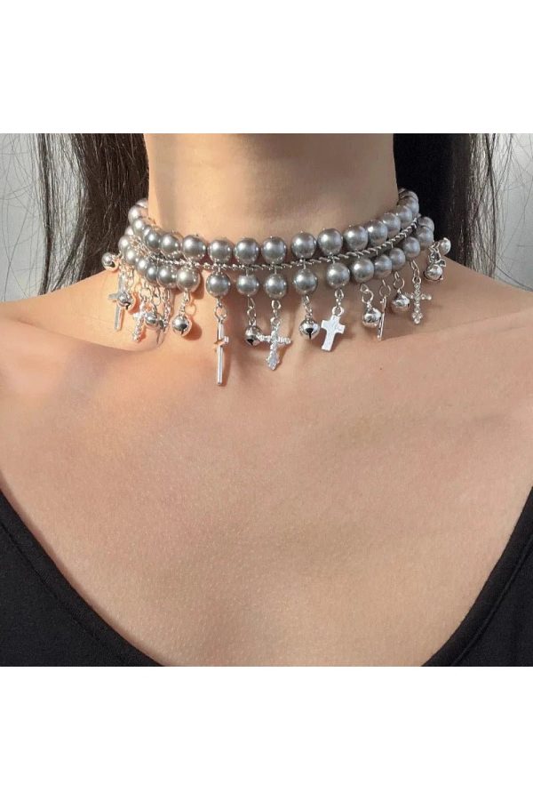 Gothic Cross Pearl Choker - Y2K Aesthetic Jewelry for Grunge Style Lovers