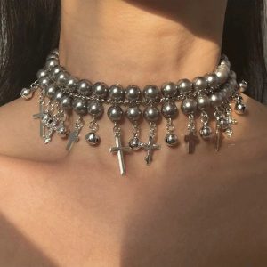 Gothic Cross Pearl Choker - Y2K Aesthetic Jewelry for Grunge Style Lovers