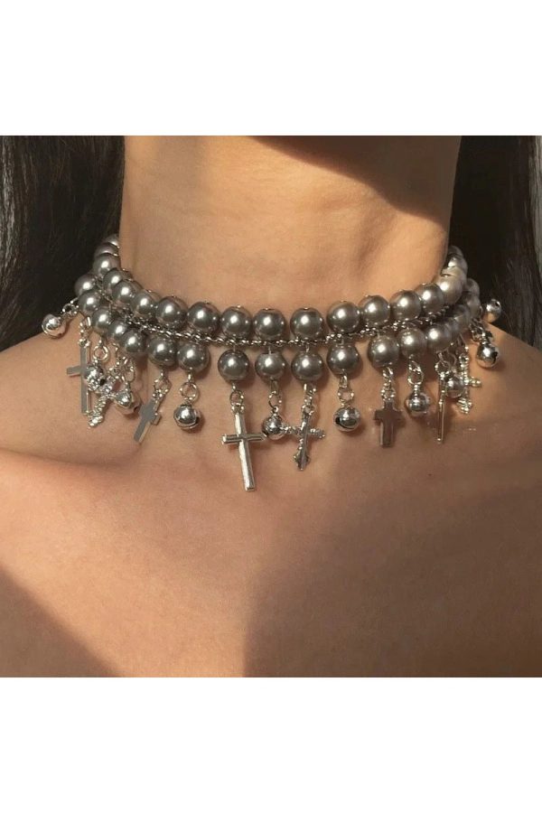 Gothic Cross Pearl Choker - Y2K Aesthetic Jewelry for Grunge Style Lovers