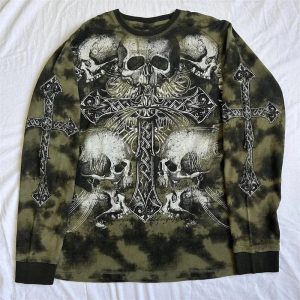 Gothic Cross & Skull Print Long Sleeve Top for Y2K & Grunge Aesthetic