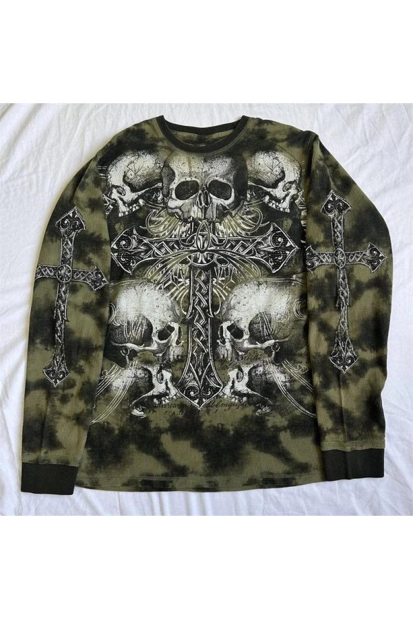 Gothic Cross & Skull Print Long Sleeve Top for Y2K & Grunge Aesthetic