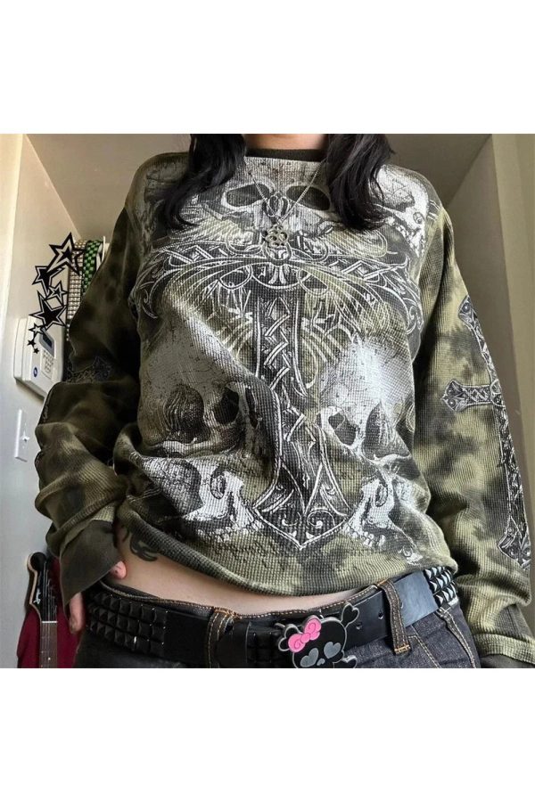 Gothic Cross & Skull Print Long Sleeve Top for Y2K & Grunge Aesthetic