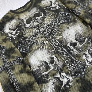 Gothic Cross & Skull Print Long Sleeve Top for Y2K & Grunge Aesthetic