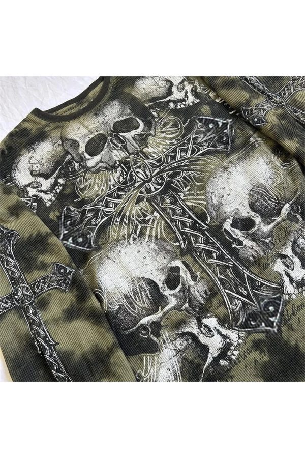 Gothic Cross & Skull Print Long Sleeve Top for Y2K & Grunge Aesthetic