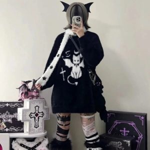 Gothic Demon Oversized Hoodie - Y2K Grunge Aesthetic Comfy Top