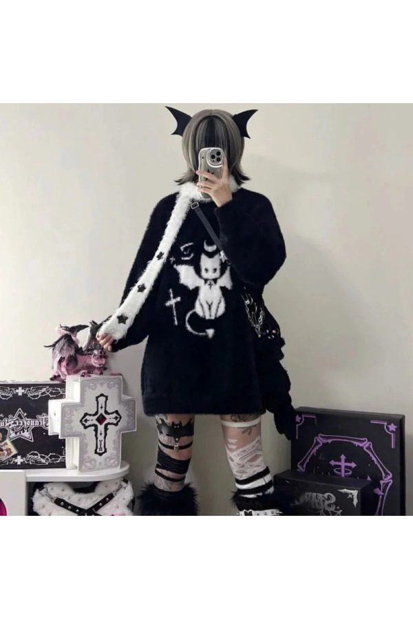 Gothic Demon Oversized Hoodie - Y2K Grunge Aesthetic Comfy Top