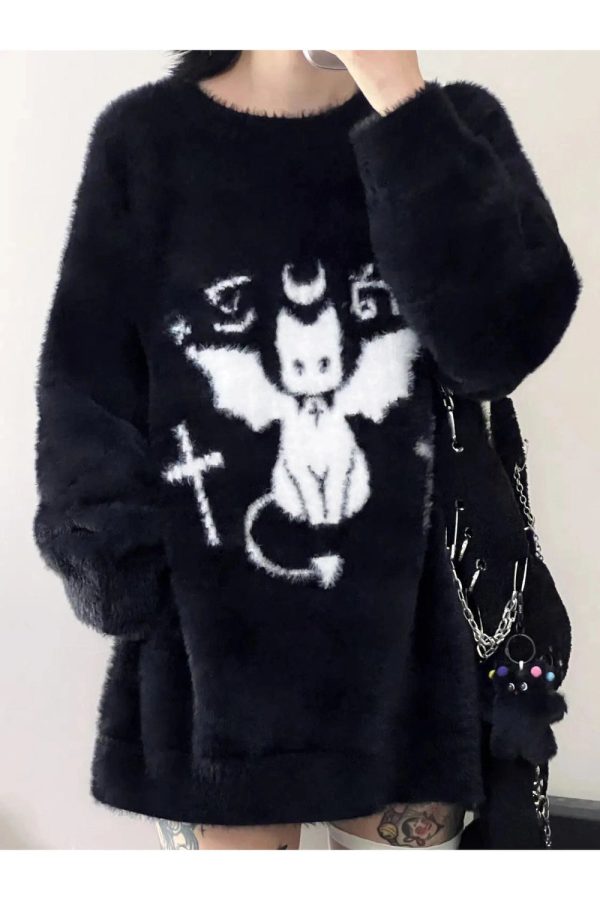 Gothic Demon Oversized Hoodie - Y2K Grunge Aesthetic Comfy Top