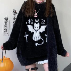 Gothic Demon Oversized Hoodie - Y2K Grunge Aesthetic Comfy Top