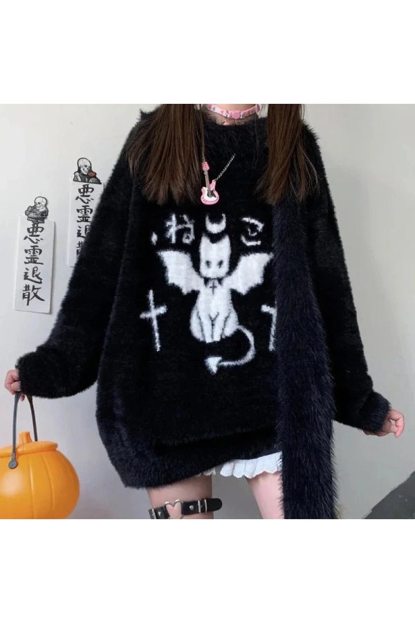 Gothic Demon Oversized Hoodie - Y2K Grunge Aesthetic Comfy Top