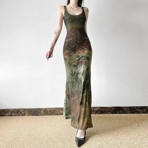 Gothic Forest Print Maxi Dress - Y2K Aesthetic with Grunge Style Vibes