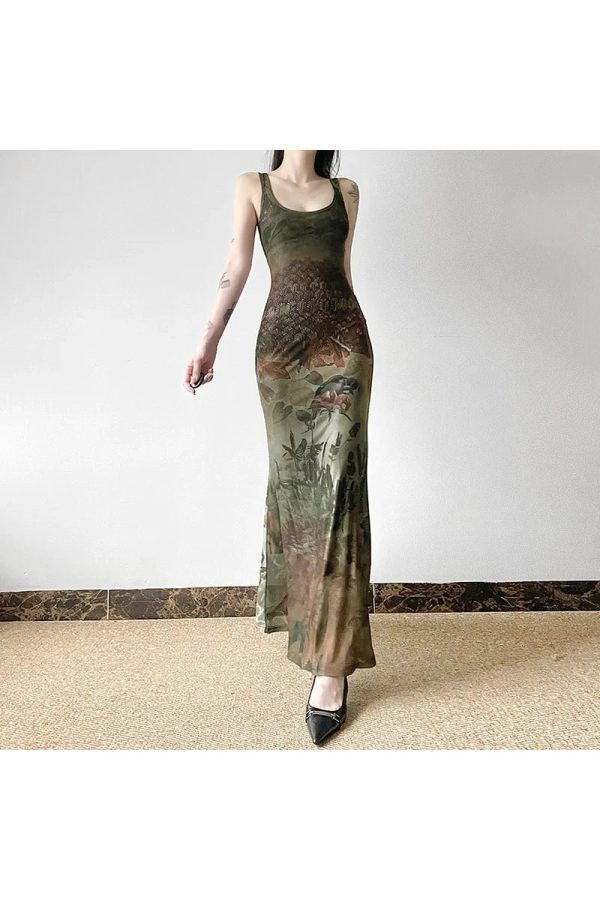 Gothic Forest Print Maxi Dress - Y2K Aesthetic with Grunge Style Vibes