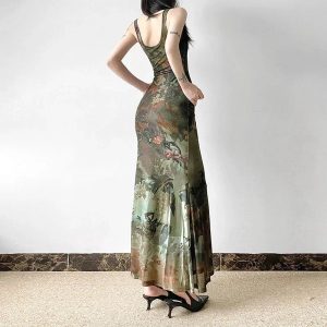 Gothic Forest Print Maxi Dress - Y2K Aesthetic with Grunge Style Vibes