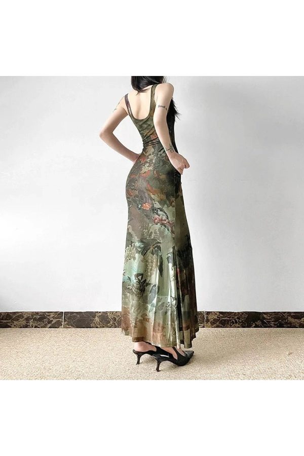 Gothic Forest Print Maxi Dress - Y2K Aesthetic with Grunge Style Vibes