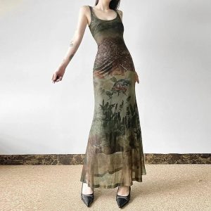 Gothic Forest Print Maxi Dress - Y2K Aesthetic with Grunge Style Vibes