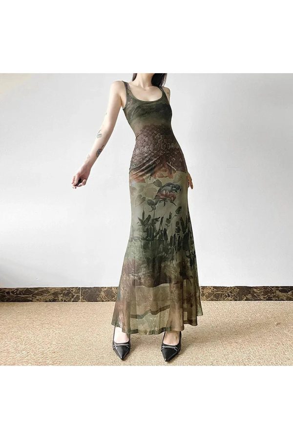 Gothic Forest Print Maxi Dress - Y2K Aesthetic with Grunge Style Vibes