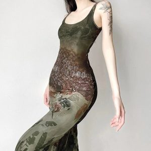 Gothic Forest Print Maxi Dress - Y2K Aesthetic with Grunge Style Vibes