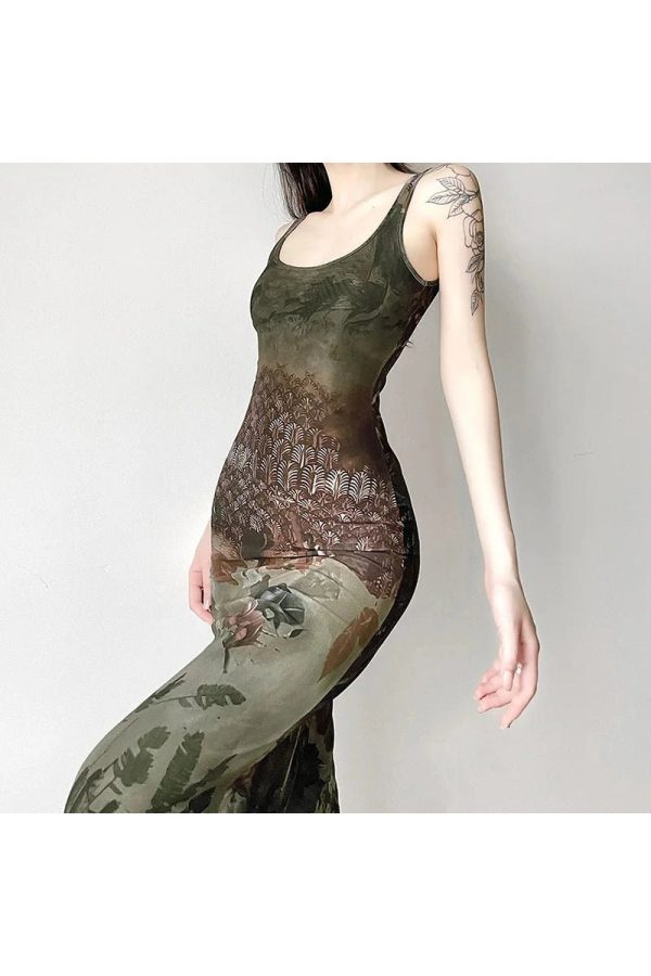 Gothic Forest Print Maxi Dress - Y2K Aesthetic with Grunge Style Vibes