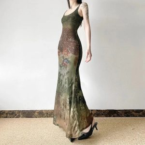 Gothic Forest Print Maxi Dress - Y2K Aesthetic with Grunge Style Vibes