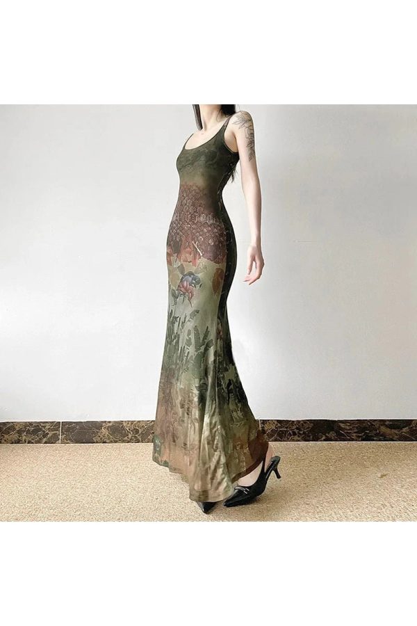 Gothic Forest Print Maxi Dress - Y2K Aesthetic with Grunge Style Vibes