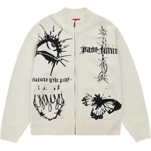 Gothic Graphic Zip-Up Cardigan for Y2K Aesthetic and Grunge Style