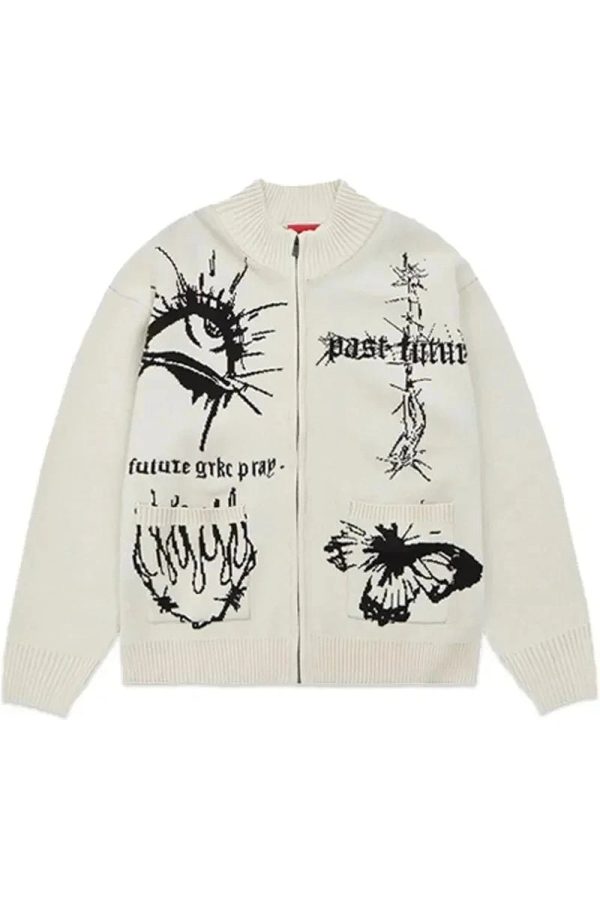 Gothic Graphic Zip-Up Cardigan for Y2K Aesthetic and Grunge Style