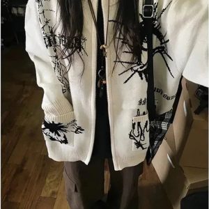 Gothic Graphic Zip-Up Cardigan for Y2K Aesthetic and Grunge Style