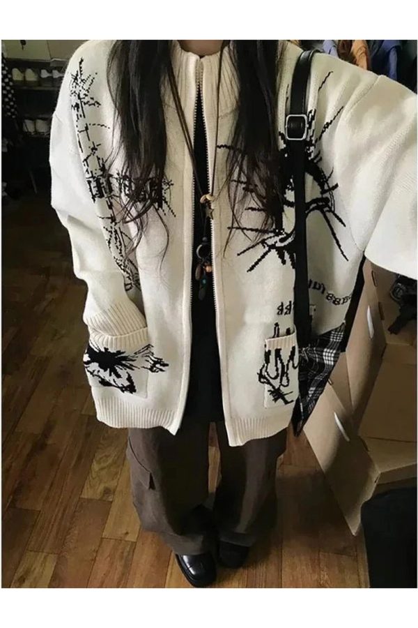 Gothic Graphic Zip-Up Cardigan for Y2K Aesthetic and Grunge Style