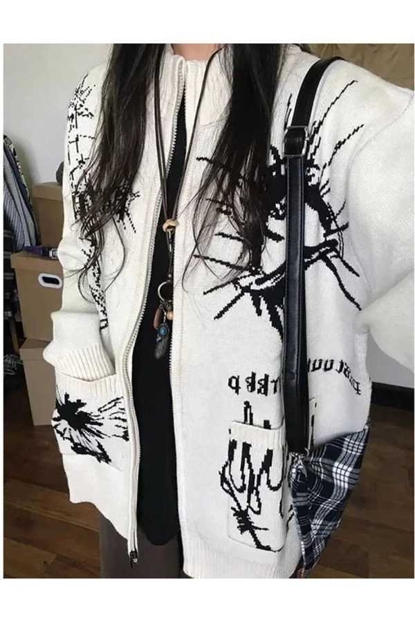 Gothic Graphic Zip-Up Cardigan for Y2K Aesthetic and Grunge Style