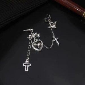 Gothic Heart Chain Drop Earrings for Y2K and Grunge Aesthetic Lovers