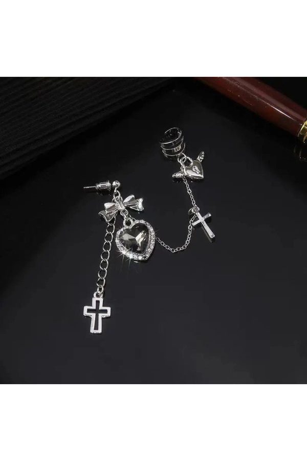 Gothic Heart Chain Drop Earrings for Y2K and Grunge Aesthetic Lovers