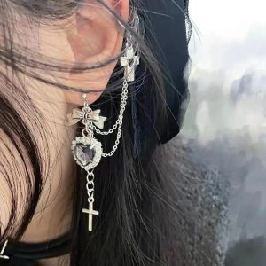 Gothic Heart Chain Drop Earrings for Y2K and Grunge Aesthetic Lovers