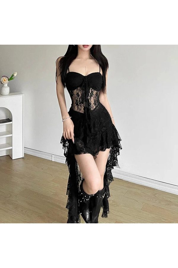 Gothic Lace High-Low Corset Dress for Y2K Aesthetic & Grunge Style