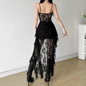 Gothic Lace High-Low Corset Dress for Y2K Aesthetic & Grunge Style