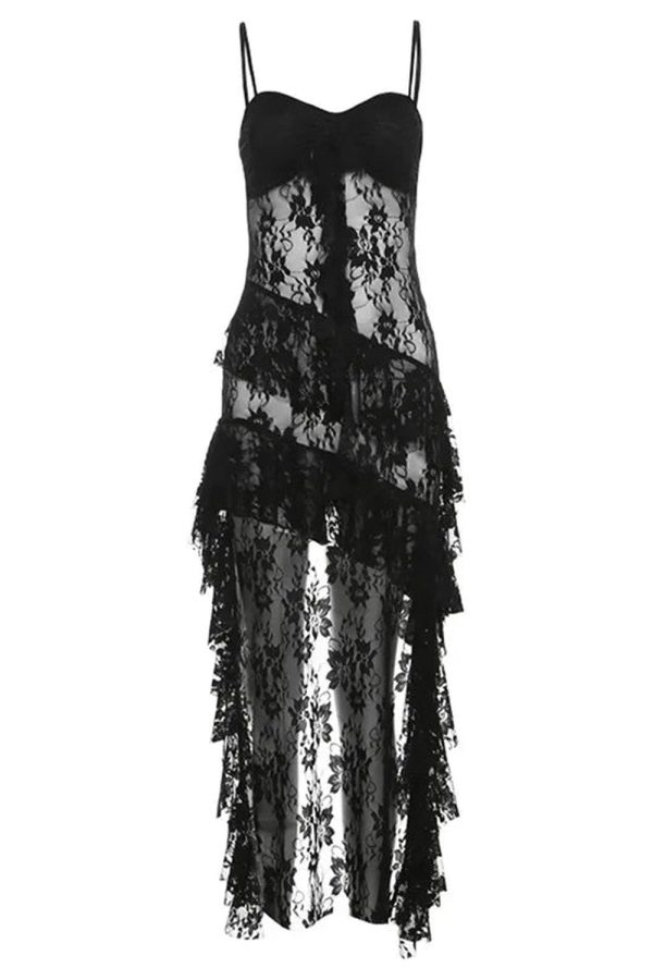 Gothic Lace High-Low Corset Dress for Y2K Aesthetic & Grunge Style