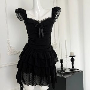 Gothic Lace Tiered Mini Dress for Y2K Aesthetic & Grunge Style Lovers