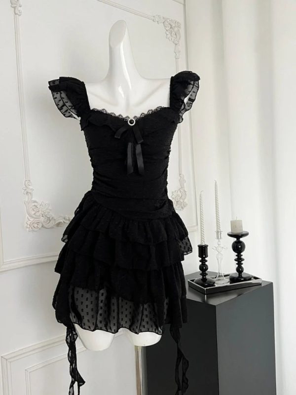 Gothic Lace Tiered Mini Dress for Y2K Aesthetic & Grunge Style Lovers