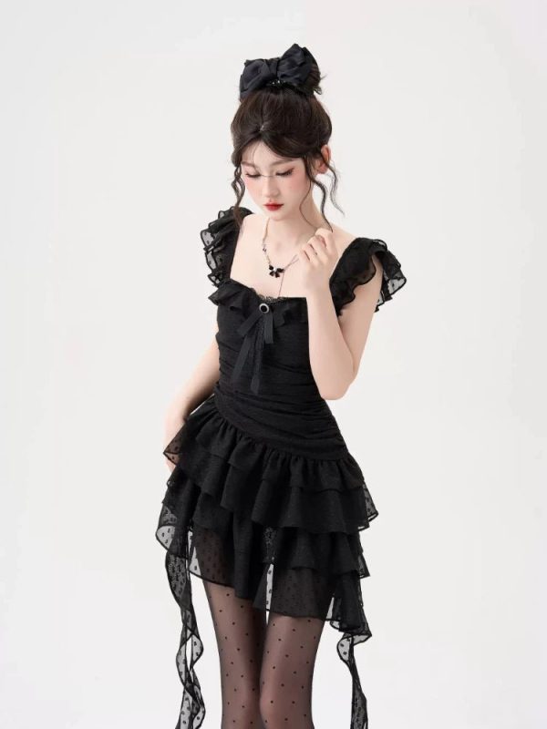 Gothic Lace Tiered Mini Dress for Y2K Aesthetic & Grunge Style Lovers