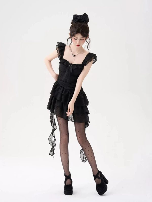 Gothic Lace Tiered Mini Dress for Y2K Aesthetic & Grunge Style Lovers