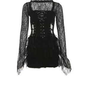 Gothic Lace Tiered Mini Dress for Y2K Aesthetic & Grunge Style Lovers