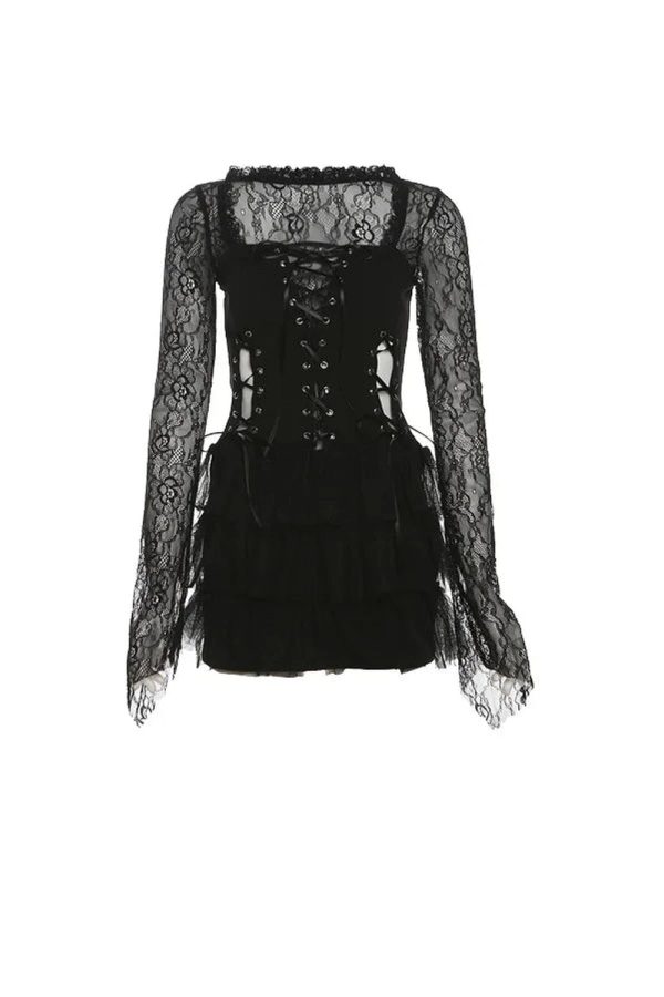 Gothic Lace Tiered Mini Dress for Y2K Aesthetic & Grunge Style Lovers